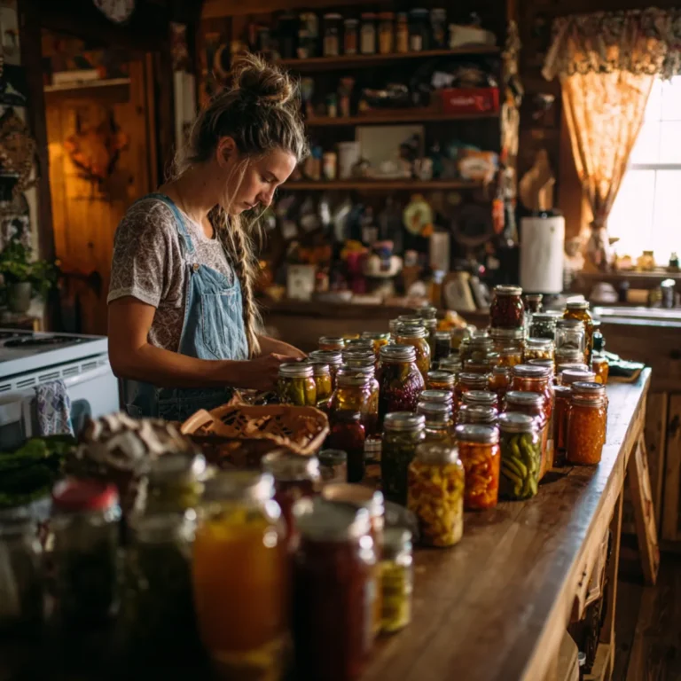 A woman sorting through a variety of canned goods and jars of preserved foods on a wooden kitchen table, preparing a 30-day emergency food stockpile