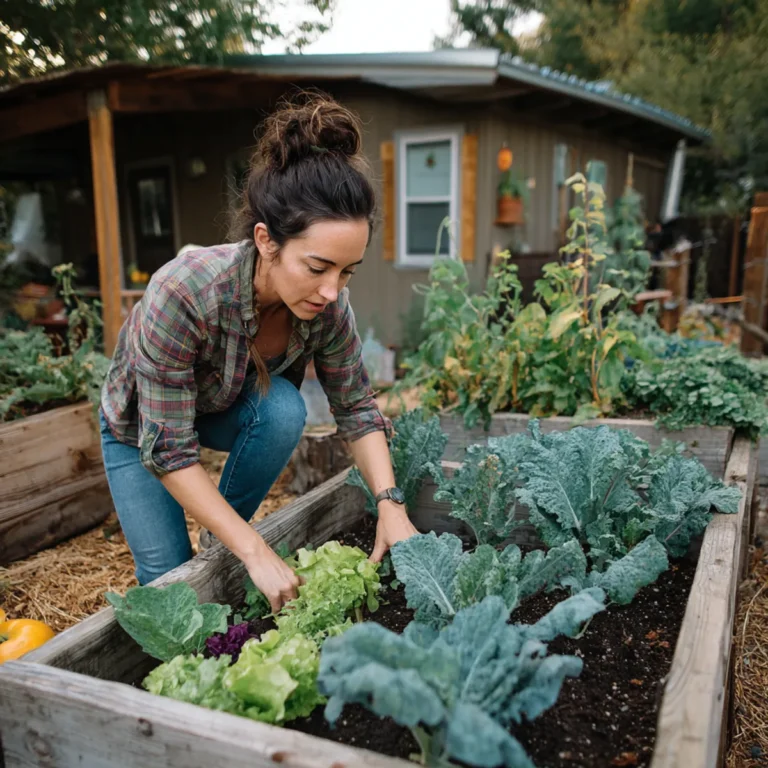 Woman working in a small backyard garden with raised garden beds and a variety of produce growing, captured in a candid, natural lighting iPhone photo with an authentic lifestyle feel.
