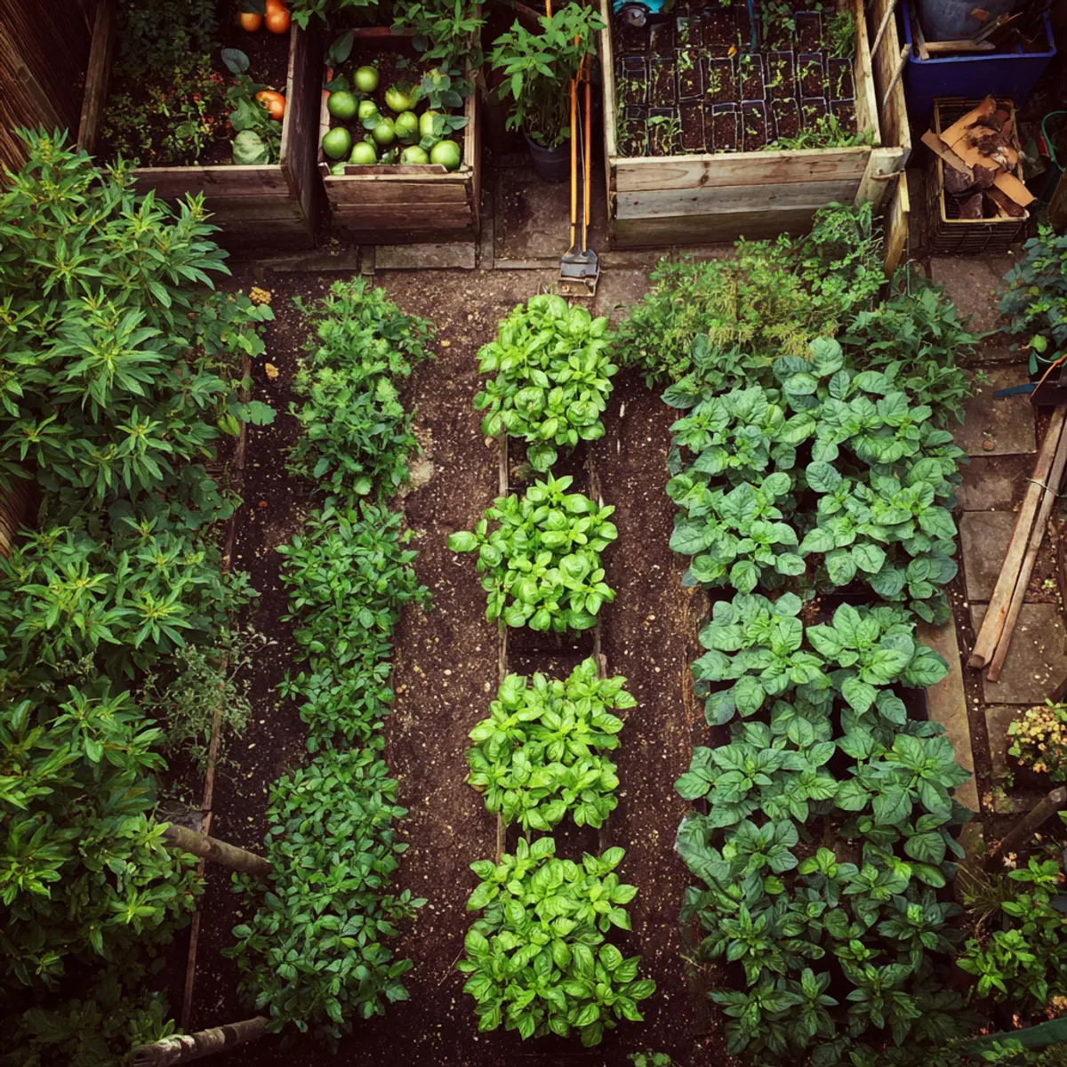 A small homestead garden with a variety of thriving vegetable and herb plants