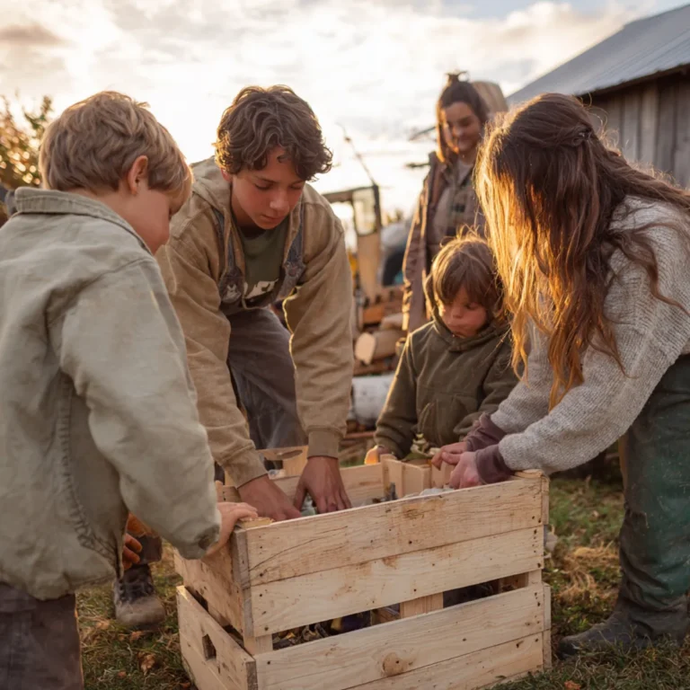 a family building a wooden crate together in a cozy countryside setting, with natural warm lighting and a candid, authentic feel
