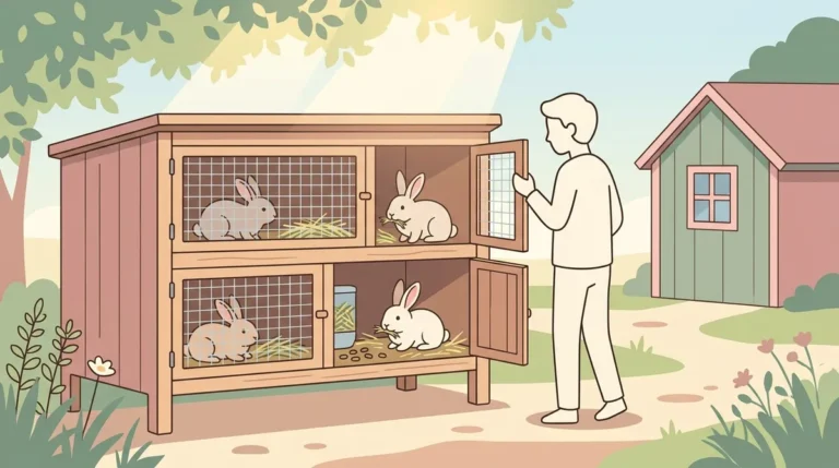 Illustration of a homesteader tending to wooden rabbit hutches with rabbits inside, featuring soft pastel colors and a minimalist flat design style
