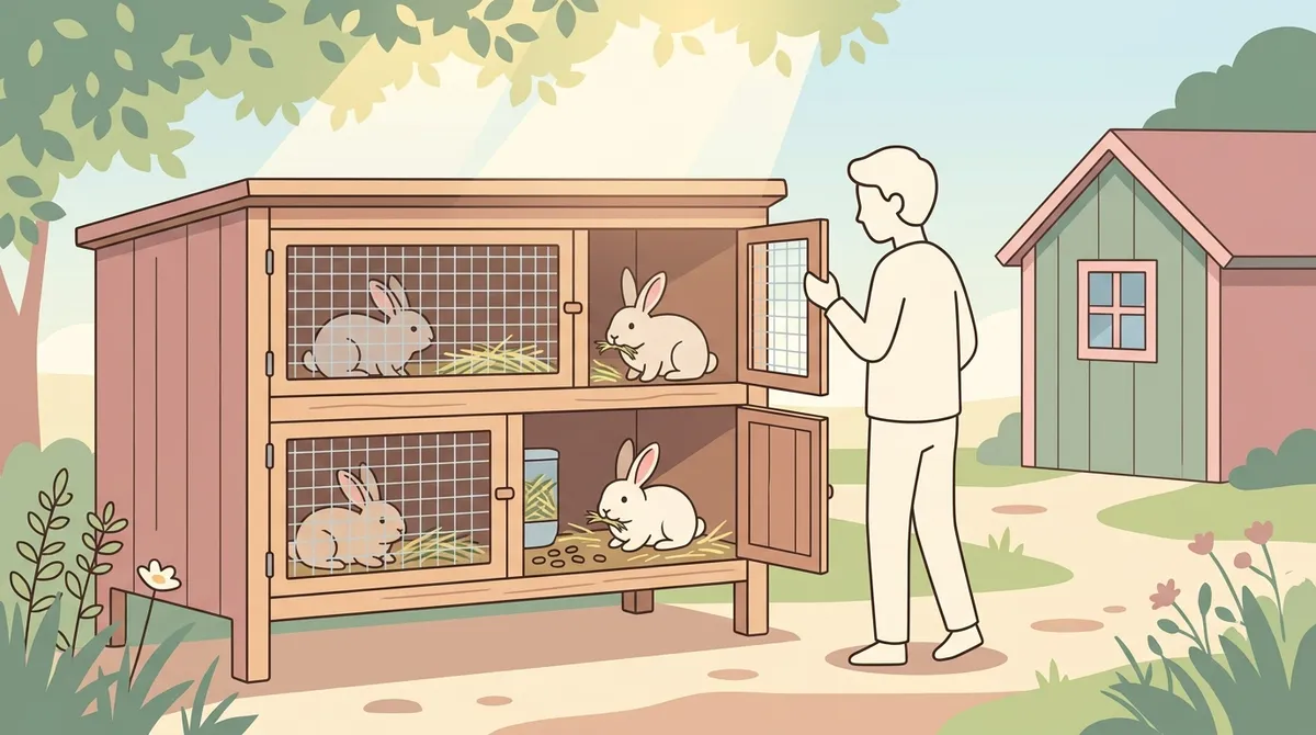 Illustration of a homesteader tending to wooden rabbit hutches with rabbits inside, featuring soft pastel colors and a minimalist flat design style