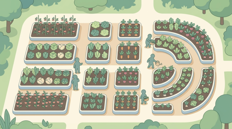 Overhead illustration of a vegetable garden showing different layout designs with gardeners planning and working on their beds, featuring raised garden plots and growing vegetables in soft pastel colors