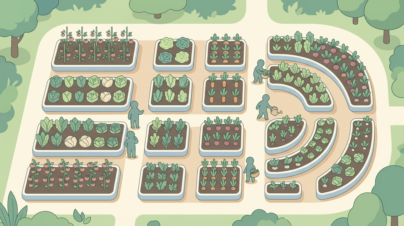 Overhead illustration of a vegetable garden showing different layout designs with gardeners planning and working on their beds, featuring raised garden plots and growing vegetables in soft pastel colors