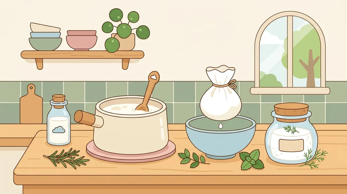 Illustration of homemade soft cheese making process showing a pot, cheesecloth, finished cheese in a jar, fresh milk, and herbs on a kitchen counter in soft pastel colors