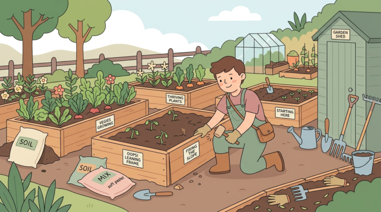 Illustrated beginner gardener with multiple raised beds showing different stages of development, representing the learning journey of raised bed gardening
