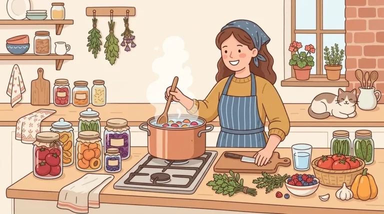 Illustration of a beginner's water bath canning setup showing glass jars of preserved food, boiling water pot with steam, fresh produce, and kitchen tools in a minimalist flat vector style with soft pastel colors