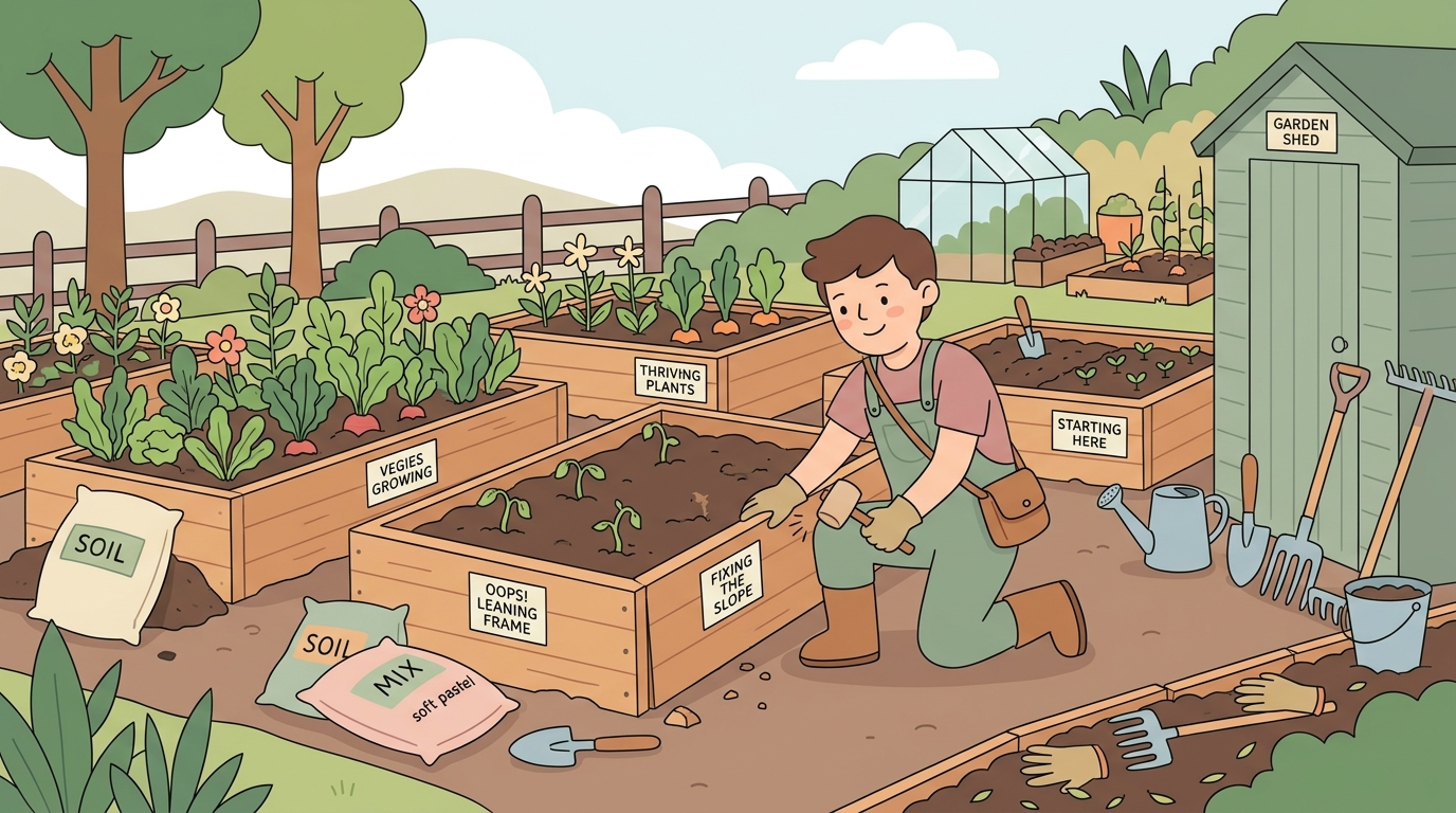 Illustrated beginner gardener with multiple raised beds showing different stages of development, representing the learning journey of raised bed gardening
