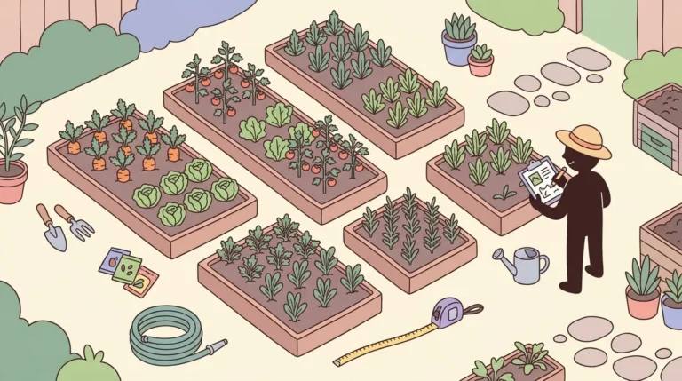 Overhead illustration of a small backyard vegetable garden with organized raised beds, a silhouetted gardener with clipboard, garden tools, and planning materials in soft pastel colors