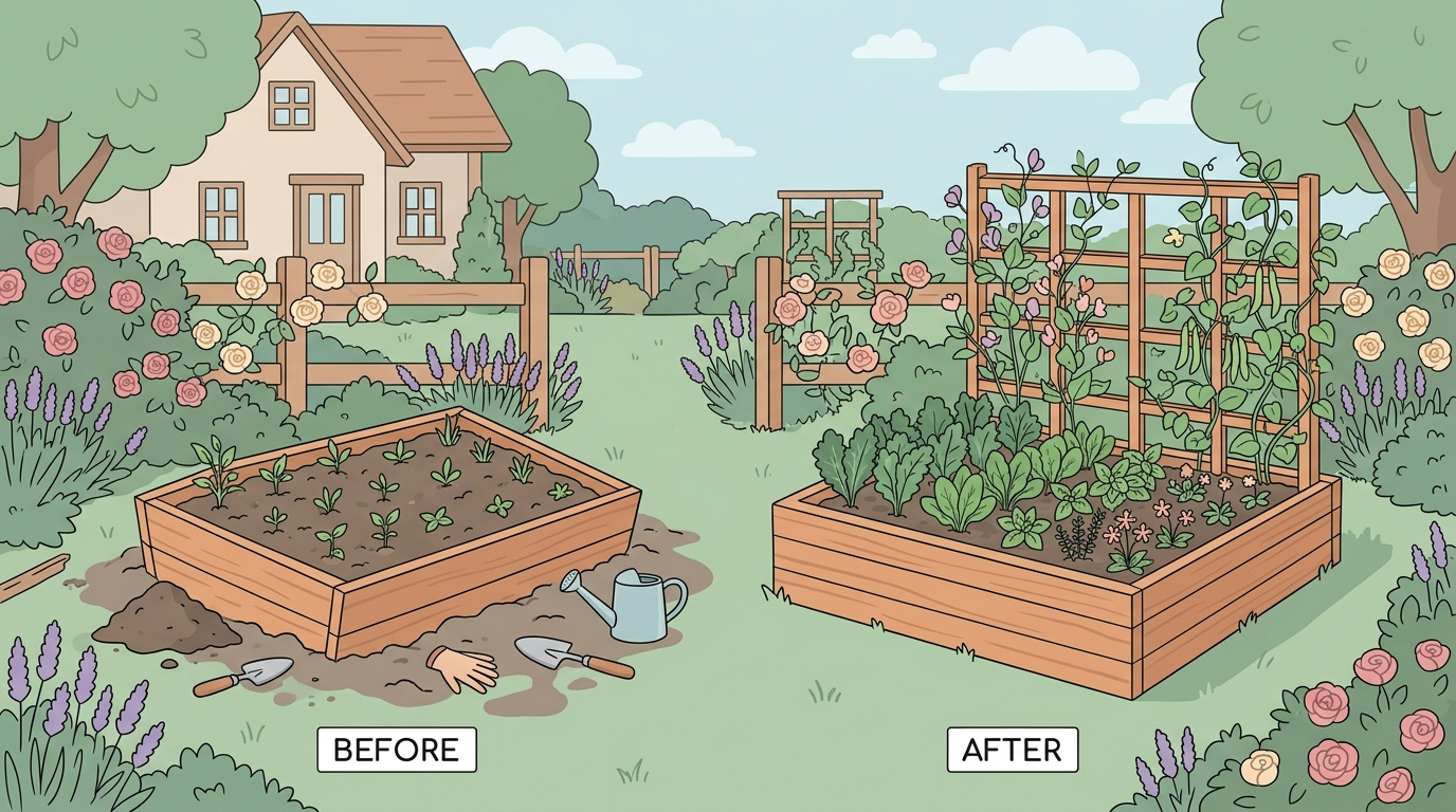 Flat vector illustration of two cottage-style raised garden beds side by side - one perfectly constructed with a trellis and climbing plants, the other tilted and under repair, surrounded by roses and lavender in soft pastels