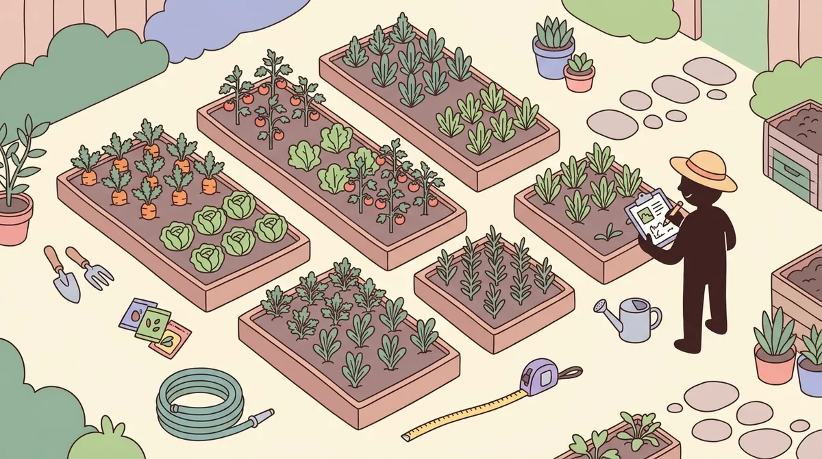 Overhead illustration of a small backyard vegetable garden with organized raised beds, a silhouetted gardener with clipboard, garden tools, and planning materials in soft pastel colors