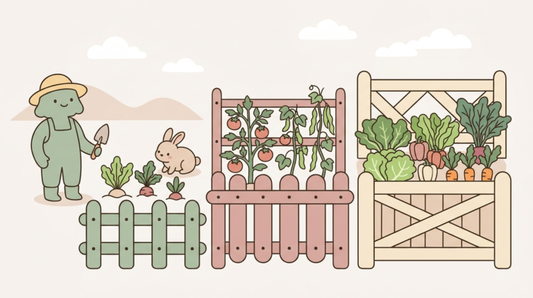 Illustration of a gardener comparing three progressively better vegetable garden fence designs with growing vegetables, representing the trial-and-error journey to finding the right fence solution