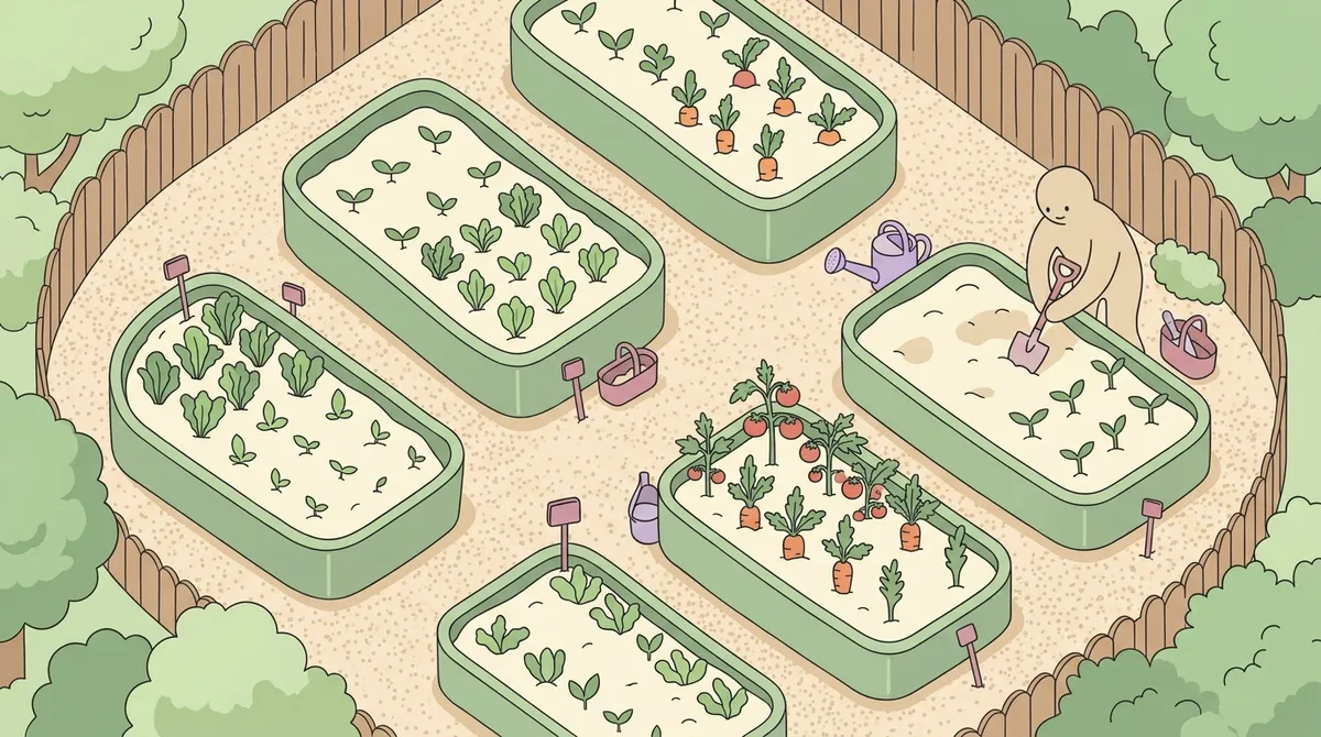 Overhead illustration of small raised garden beds in a compact backyard with a gardener tending to plants, featuring practical space-saving designs in soft pastels