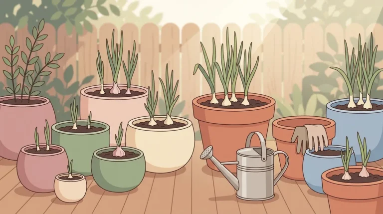 Illustration of a patio container garden with multiple pots of growing garlic plants in soft pastel colors, featuring a watering can and garden tools