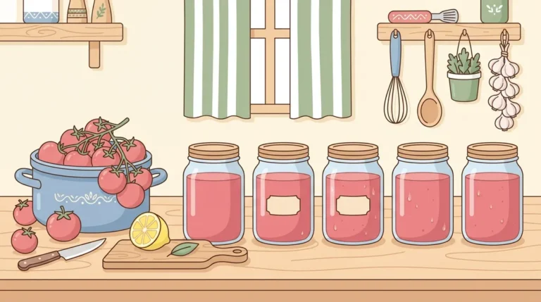 Illustration of mason jars with homemade tomato preserves cooling on a kitchen counter with fresh tomatoes and lemon, in soft pastel colors and flat vector style