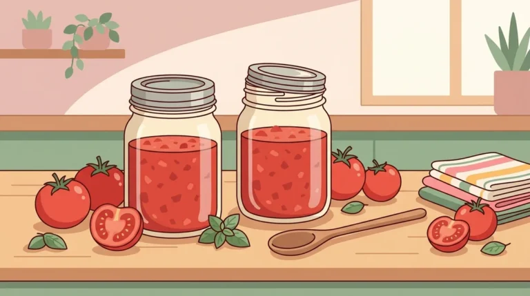 Illustration of mason jars on a kitchen counter during the homemade salsa canning process, showing sealed and unsealed jars alongside fresh tomatoes and basil in soft pastel colors