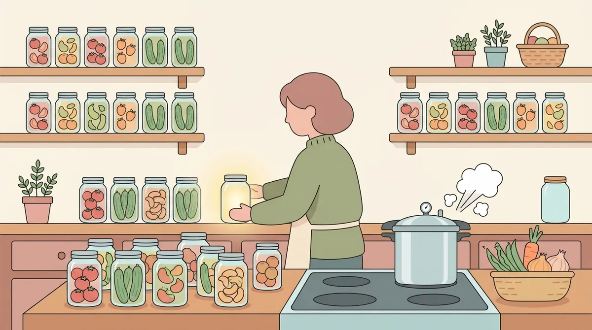 Flat vector illustration of a homesteader at a kitchen counter with a pressure canner, mason jars on shelves, and fresh vegetables, representing pressure canning for homestead food preservation