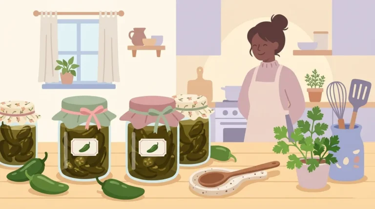 Illustration of mason jars filled with candied jalapenos on a homestead kitchen counter with fresh peppers and cooking utensils in soft pastel colors
