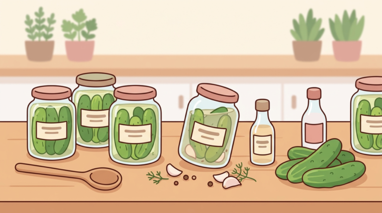 Illustrated canning setup showing glass jars with pickles, fresh cucumbers, and simple canning supplies in soft pastel colors, representing the beginner's pickle-canning journey