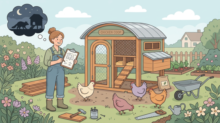 Flat vector illustration of a beginner building a backyard chicken coop with DIY plans, surrounded by chickens and tools, with a thought bubble showing a raccoon to represent common beginner mistakes