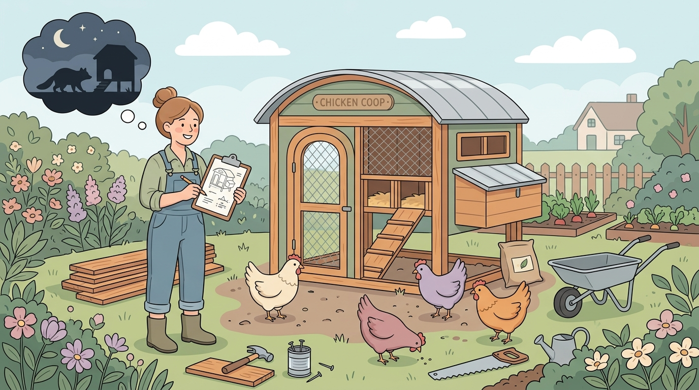Flat vector illustration of a beginner building a backyard chicken coop with DIY plans, surrounded by chickens and tools, with a thought bubble showing a raccoon to represent common beginner mistakes