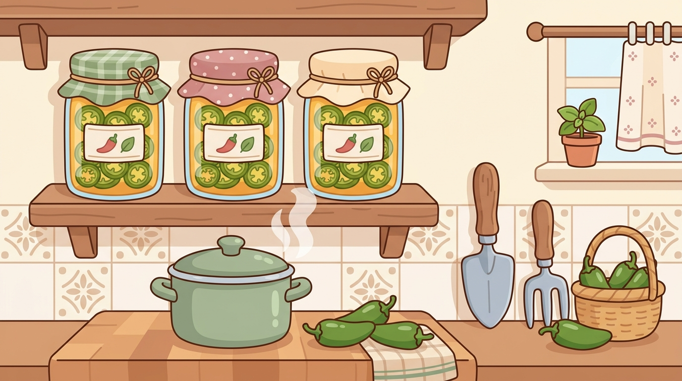Flat vector illustration of mason jars filled with cowboy candy jalapenos on a wooden shelf with fresh peppers and canning supplies in soft pastel colors