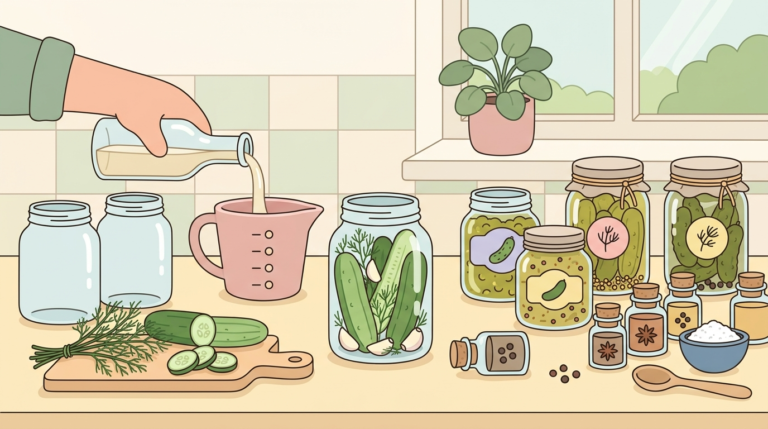 Illustrated homesteading kitchen scene showing mason jars of pickles and relish, fresh cucumbers, herbs, and vinegar being poured, in soft pastel flat vector style