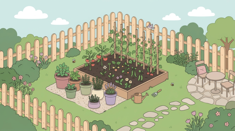 Illustrated overhead view of a compact suburban vegetable garden with vertical trellis structures, climbing vines, potted herbs, and raised beds in soft pastel colors