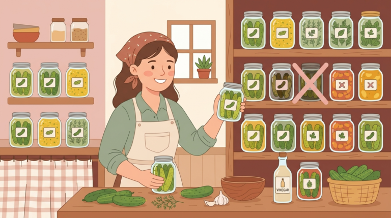 Illustration of mason jars of homemade pickles and relish on shelves with fresh ingredients and a crossed-out failed batch jar, representing canning success and learning from mistakes