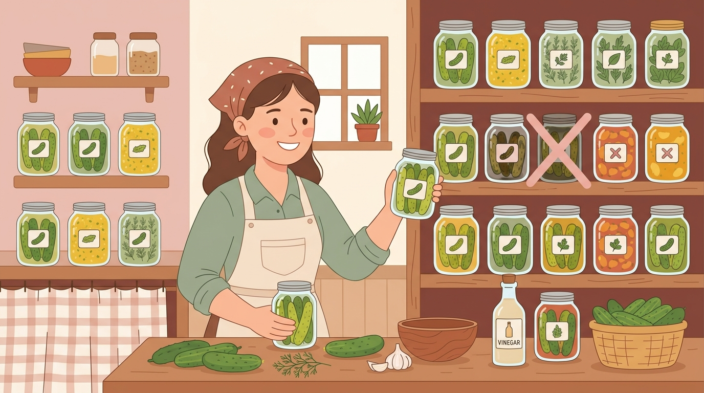 Illustration of mason jars of homemade pickles and relish on shelves with fresh ingredients and a crossed-out failed batch jar, representing canning success and learning from mistakes