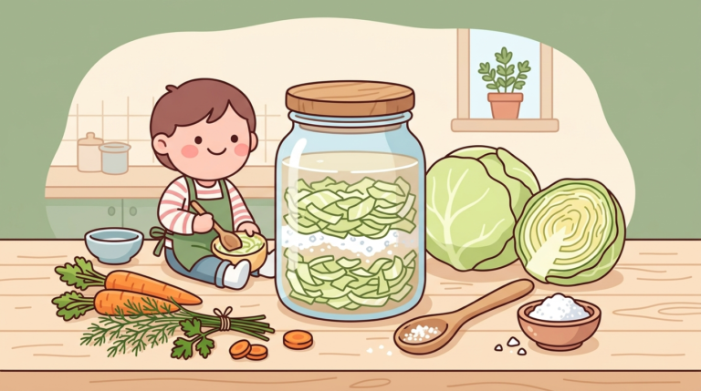 Illustration of a glass jar filled with salted cabbage and brine, surrounded by fresh vegetables and kosher salt on a kitchen counter, rendered in soft pastel colors and minimalist flat design style