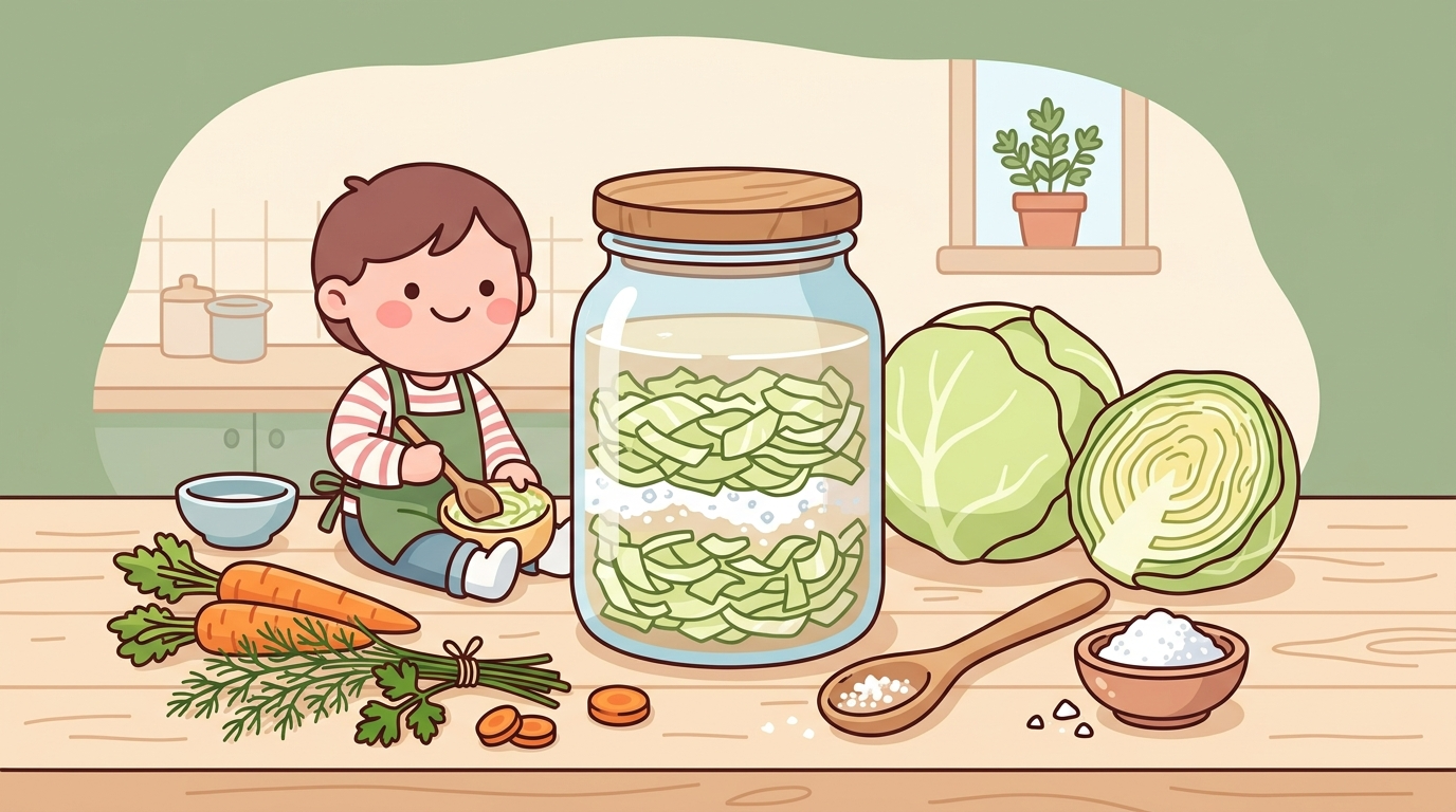 Illustration of a glass jar filled with salted cabbage and brine, surrounded by fresh vegetables and kosher salt on a kitchen counter, rendered in soft pastel colors and minimalist flat design style