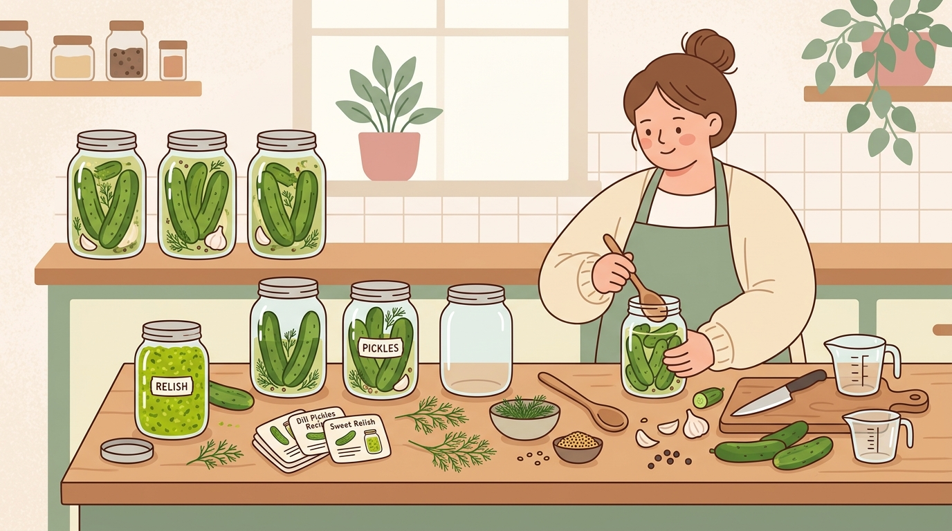 Illustration of a homesteader's kitchen counter with mason jars of homemade pickles and relish, fresh cucumbers, dill, and recipe cards in a flat vector art style with soft pastel colors