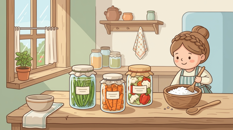Illustration of glass preservation jars with salted vegetables and an open bowl of salt on a wooden homestead kitchen counter in soft pastel colors