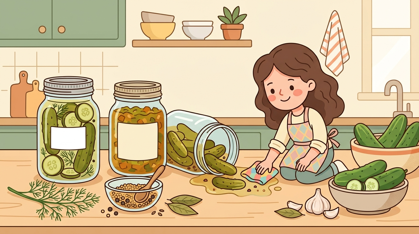 Illustration of mason jars with homemade pickles and relish surrounded by fresh cucumbers and herbs on a kitchen counter in soft pastel colors