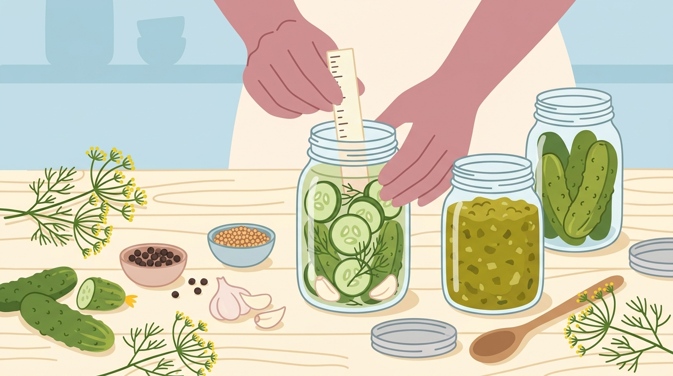 Illustration of mason jars with homemade pickles and relish, fresh vegetables, and a silhouetted figure demonstrating proper jar headspace measurement, emphasizing canning precision and technique