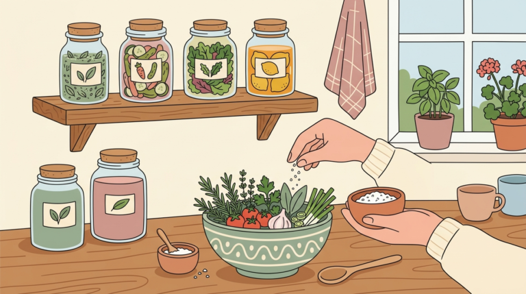 Illustration of homemade food preservation with salt, showing glass jars of preserved herbs and vegetables on a shelf above a wooden workspace with fresh herbs being salted by hand