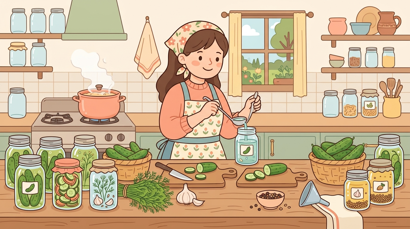 Illustration of mason jars with pickles and relish, fresh cucumbers, herbs and spices arranged on a kitchen counter in soft pastel colors, representing successful canning recipes