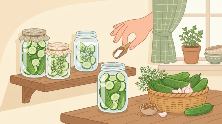 Illustrated farmhouse kitchen with glass jars of salt-preserved pickles on a wooden shelf, a hand sprinkling salt into a jar, fresh cucumbers and herbs nearby, in soft pastel colors