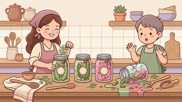 Illustration of mason jars on a kitchen counter with pickles and relish, showing both successful sealed jars and one cracked jar with spilling brine, surrounded by fresh herbs and cooking utensils in soft pastel colors