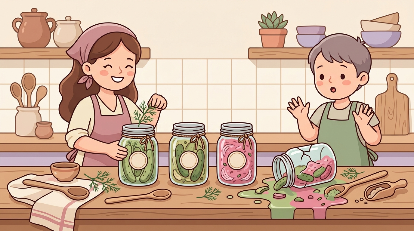 Illustration of mason jars on a kitchen counter with pickles and relish, showing both successful sealed jars and one cracked jar with spilling brine, surrounded by fresh herbs and cooking utensils in soft pastel colors