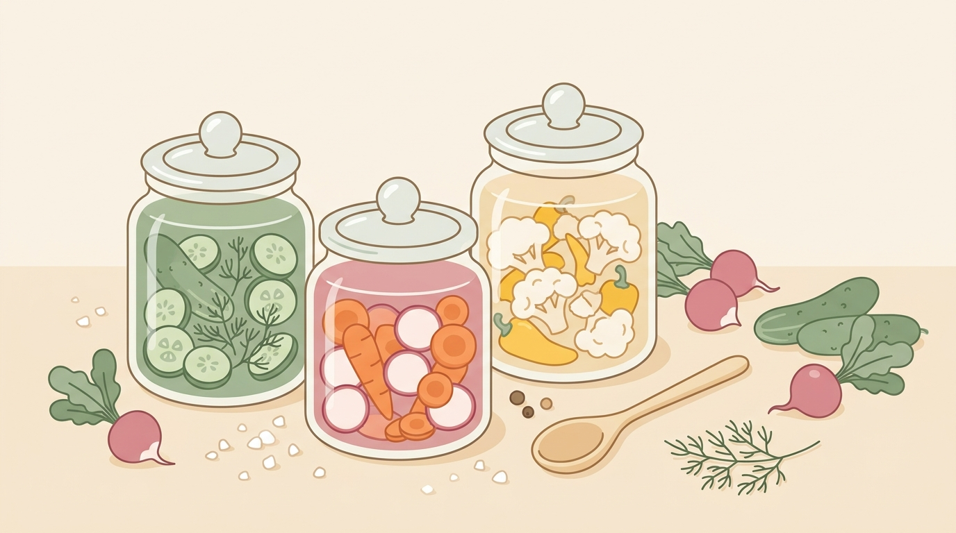 Illustration of glass jars with salt-preserved vegetables, scattered salt crystals, fresh produce, and wooden utensils in soft pastel colors depicting homemade food preservation