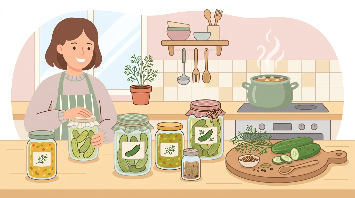 Illustration of mason jars filled with homemade pickles and relish on a farmhouse kitchen counter with fresh cucumbers, herbs, and canning supplies in soft pastel colors