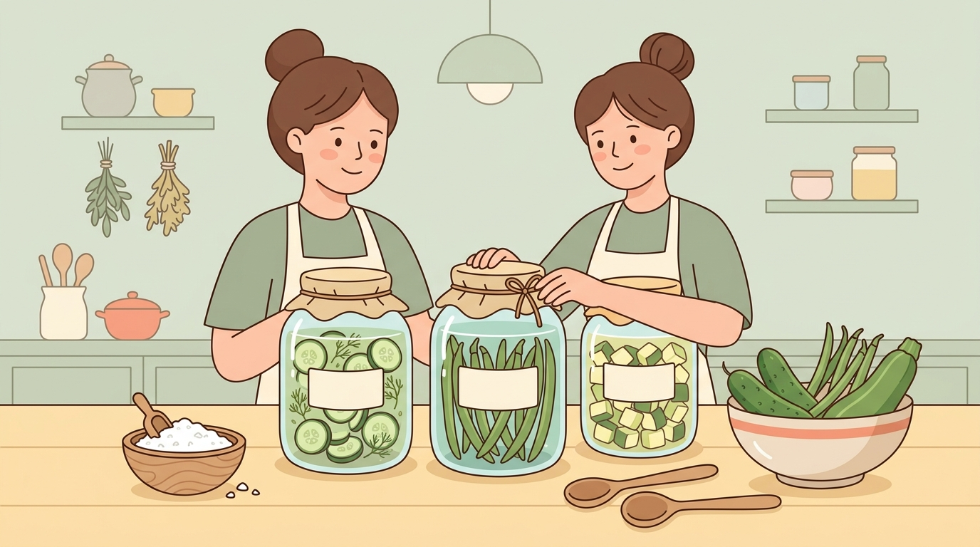 Illustration of glass preservation jars filled with salt-preserved vegetables on a kitchen counter, with fresh produce and sea salt, in soft pastel colors and flat vector style